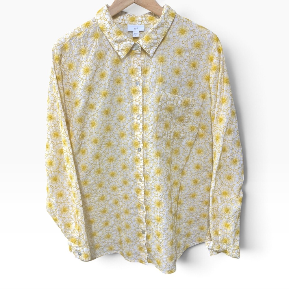 J. Jill Yellow White Floral Eyelet Button Down Shirt Long Sleeve Plus Size 2X